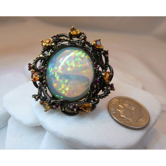 HUGE 17CT Ethiopian Welo Opal Citrine Sterling Silver Ring SZ 8 OOAK Statement - Picture 8 of 11